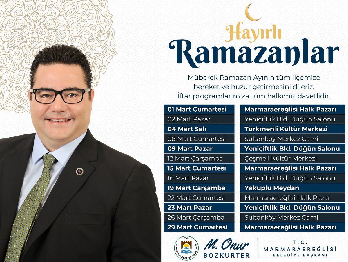🌙 Hayırlı Ramazanlar Marmaraereğlisi!

Ramazan’ın bereketini ve huzurunu hep birlikte paylaşmak için iftar sofralarımızı kuruyoruz! Tüm hemşehrilerimizi düzenlediğimiz iftar programlarına davet ediyor, bu mübarek ayın ilçemize hayırlar getirmesini diliyoruz.

📍 Tarih ve konum