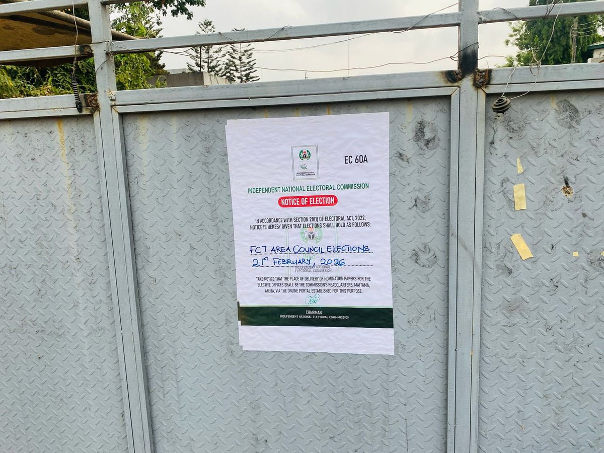 inecnigeria's tweet photo. NOTICE OF ELECTION 
INDEPENDENT NATIONAL ELECTORAL COMMISSION (INEC)
2026 FEDERAL CAPITAL TERRITORY (FCT) AREA COUNCIL ELECTION
THIS IS TO INFORM THE GENERAL PUBLIC THAT THE INDEPENDENT NATIONAL ELECTORAL COMMISSION (INEC) WILL CONDUCT ELECTION IN THE 6 (SIX) AREA COUNCILS OF THE FEDERAL CAPITAL TERRITORY (FCT) AS FOLLOWS;
DATE: SATURDAY, FEBRUARY 21, 2026
TIME: 8:30AM
VENUE: ALL POLLING UNITS IN THE FEDERAL CAPITAL TERRITORY (FCT)
• NOTE THAT ELIGIBLE VOTERS SHALL VOTE AT POLLING UNITS WHERE THEY ARE REGISTERED
• ONLY PERSONS WHOSE NAMES APPEAR ON THE REGISTER OF VOTERS AND HAVE VALID PERMANENT VOTERS CARDS WOULD BE ALLOWED TO VOTE
• THE BIMODAL VOTER ACCREDITATION SYSTEM (BVAS) SHALL BE USED
• NO PVC, NO VOTING.
 
INEC, Making Your Vote Count … Consolidating Our Democracy
 
SIGNED: INDEPENDENT NATIONAL ELECTORAL COMMISSION (INEC)