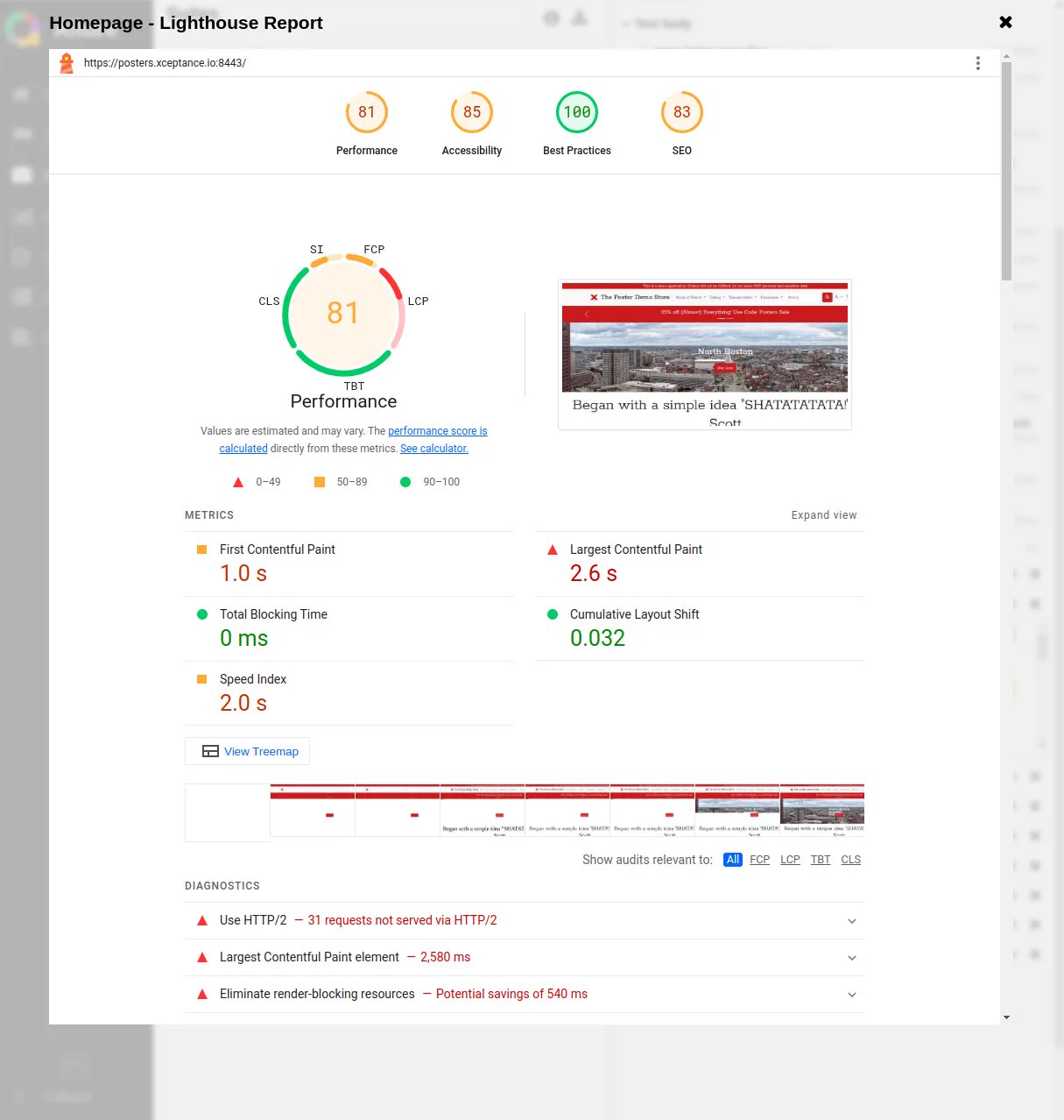 A screenshot that shows the integration of Lighthouse result in Neodymium reports.

Detailed description: Screenshot of a Lighthouse report for posters.xceptance.io. Report shows circular score indicators for Performance (81), Accessibility (85), Best Practices (100), and SEO (83). Performance section highlights FCP 1.0s, LCP 2.6s, TBT 0ms, CLS 0.032, and a screenshot of the website. Diagnostics list issues like 'Use HTTP/2' and 'Eliminate render-blocking resources'.