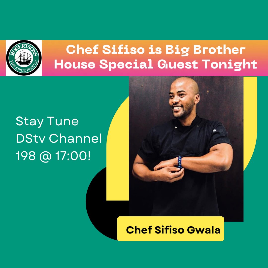 Catch our Innovation Chef Sifiso on Big Brother House today at 17:00! He'll be hosting a cooking masterclass, showing the housemates how to create delicious dishes with Robertsons Spices. 

Don't miss it on DStv Channel 198!