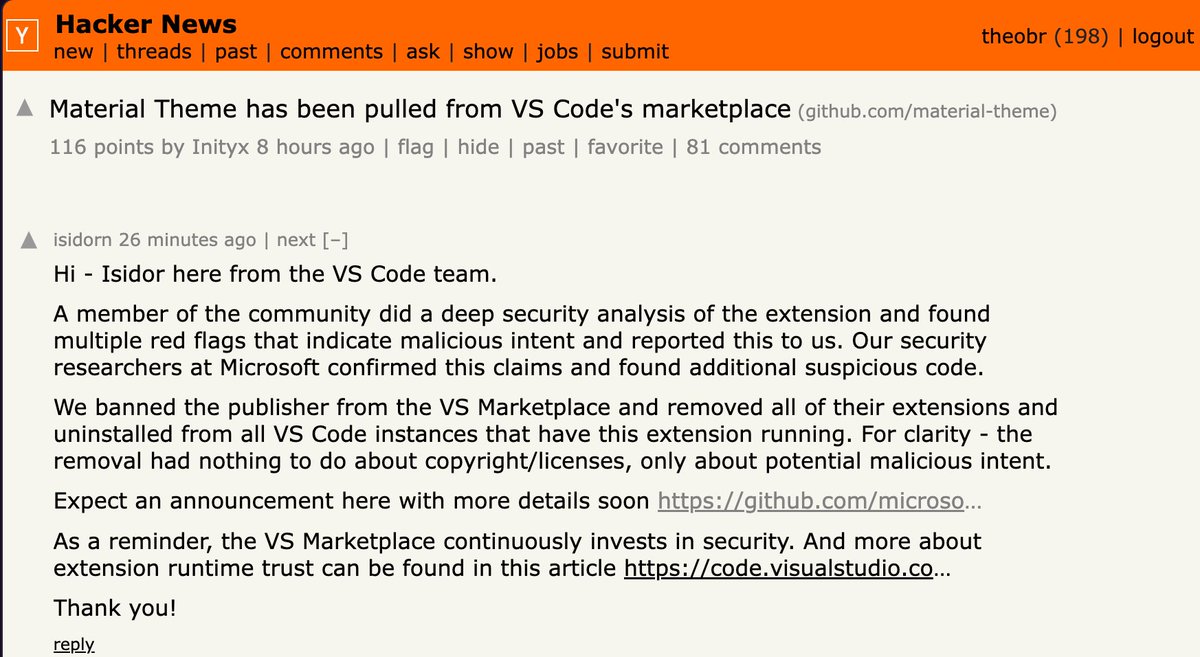 The Material Theme has just been removed from GitHub and VS Code due to shipping malware