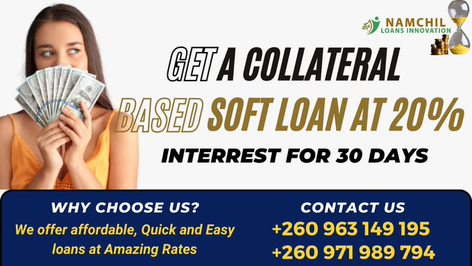 Fast &amp; Affordable Loans in Solwezi! 

Need quick cash? Namchil  Loans offers personal loans at just 20% and business loans at 30%—low  rates, minimal paperwork, and collateral-based for your peace of mind!  Apply today. 

#SolweziLoans #FastCash #NamchilLoans