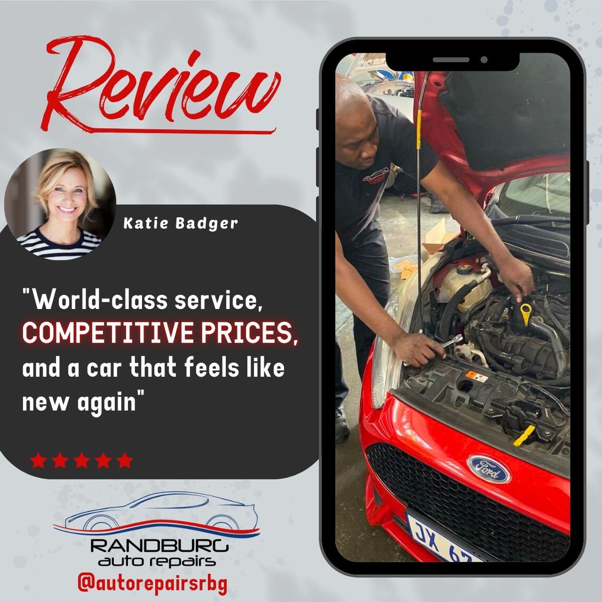 A huge thank you to our amazing customers like 𝙆𝙖𝙩𝙞𝙚 𝘽𝙖𝙙𝙜𝙚𝙧, who took the time to write a review about the stellar experience she had with our workshop, Randburg Auto Repairs. 

#CustomerService #PositiveReviews #RandburgAutoExperts #TrustedWorkshop