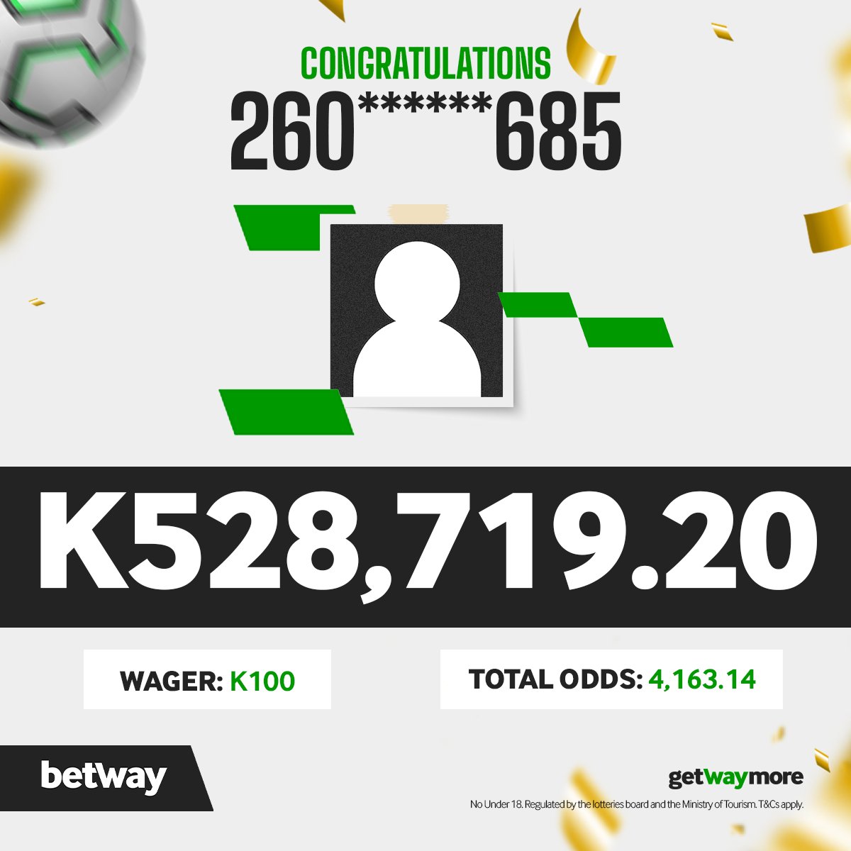 Betway_Zambia's tweet photo. 🚨BIG WINNER🚨
Another one! Show some love for our latest big winner #BetwaySquad❤️
A lucky punter wagered K100 on a 9-game betslip with over 4000 odds and brought home half a million kwacha thanks to a 27% #WinBoost🚀 https://t.co/MrXFb033tQ