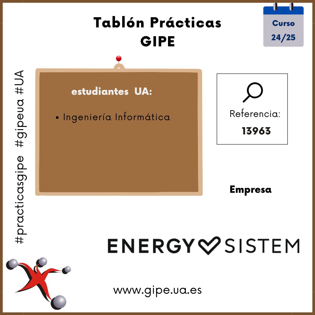 GIPE (@gipeua) on Twitter photo Tablón de ofertas de Prácticas:
Estudiante Grado Ingeniería Informática (no presencial)
gipe.ua.es/es/tablon-de-o…
<a href="/EPSAlicante/">EPS Alicante</a> <a href="/DEEPSUA/">Delegación de Estudiantes EPS UA</a> <a href="/ginformaticaua/">Grado Informática UA</a> #practicasgipe #gipeua #UA Tablón de ofertas de Prácticas:
Estudiante Grado Ingeniería Informática (no presencial)
gipe.ua.es/es/tablon-de-o…
<a href="/EPSAlicante/">EPS Alicante</a> <a href="/DEEPSUA/">Delegación de Estudiantes EPS UA</a> <a href="/ginformaticaua/">Grado Informática UA</a> #practicasgipe #gipeua #UA