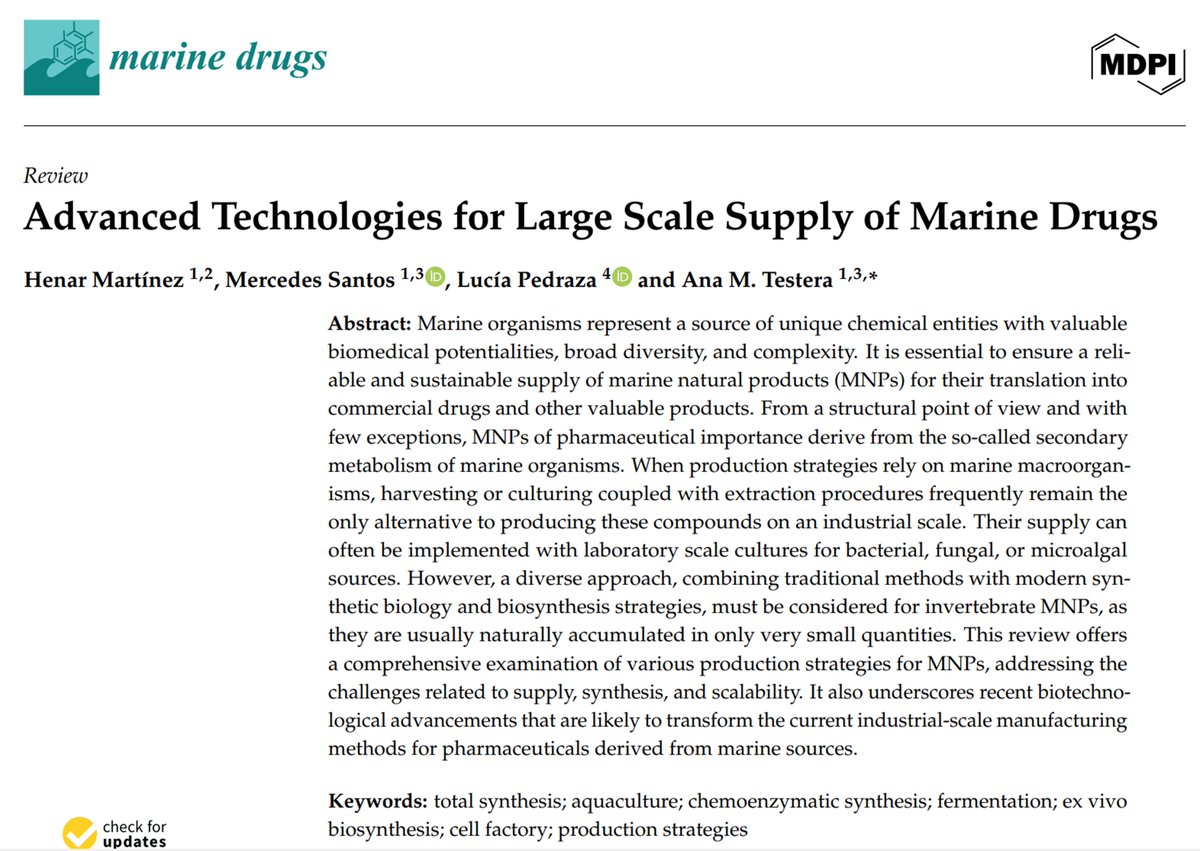Marine_Drugs's tweet photo. Review: Advanced Technologies for Large Scale Supply of Marine Drugs, by Henar Martínez et al.
https://t.co/V4r8uyRXHq
#totalsynthesis #marinedrugs #chemoenzymaticsynthesis #fermentation #biosynthesis #cellfactory #industrialscale #pharmaceuticals https://t.co/7IEDQ3scp2