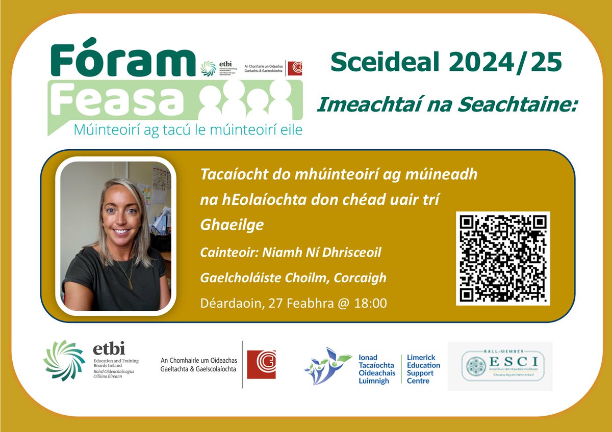 Ag tnúth leis an gceardlann sin. Cúpla spás fágtha má tá aithne agaibh ar aon múinteoirí atá ag tabhairt faoin Eolaíocht trí mhéan na Gaeilge don chéad uair. Lean an cód thíos chun clárú.