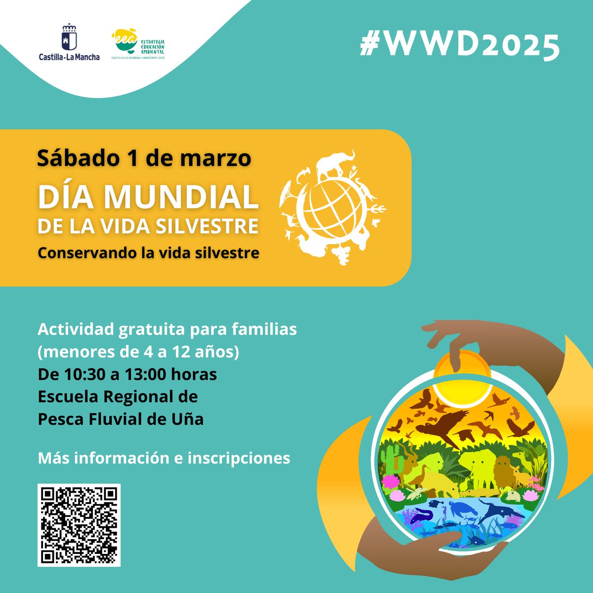 🌍🌱 Celebra el #DíaMundialDeLaVidaSilvestre 2025 en Cuenca con el Programa #CENTROCuenca de <a href="/DSostenibleCLM/">Desarrollo Sostenible CLM</a> 👫👧👦  

📅 Cuándo: 1 de marzo de 2025
📍 Dónde: Escuela Regional de Pesca (Uña, Serranía de Cuenca)
💰 GRATIS

ℹ️ Info e inscripción aquí 👉 cutt.ly/arerGjNS