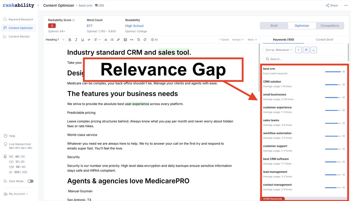 Nathan Gotch (@nathangotch) on Twitter photo 4. Does your page cover the topic completely?
Use <a href="/getrankability/">Rankability</a> to identify relevance gaps.
The objective here isn’t to create “me too” content that’s identical to your competitors.
The goal is to cover the same topics.
HOW you cover those topics should be unique. 4. Does your page cover the topic completely?
Use <a href="/getrankability/">Rankability</a> to identify relevance gaps.
The objective here isn’t to create “me too” content that’s identical to your competitors.
The goal is to cover the same topics.
HOW you cover those topics should be unique.