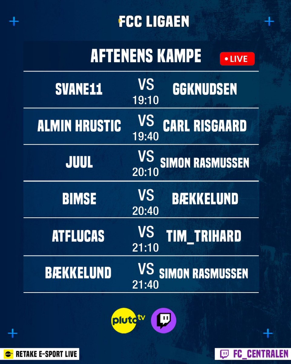 ALT SKAL AFGØRES I DAG!🫣
Se FCC LIGAEN i dag kl 19🔜

Alt kan ske, programmet er spækket med massere af intense topkampe🔥

Se med på Twitch &amp; Pluto TV kl 19:00🖥

#FCCLIGAEN #FC25