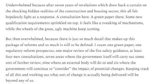 Snap take from me on the inquiry recommendations response. Somehow both lightweight and overwhelmingly complex. Failure to take testing and certification into the public realm is a major miss: