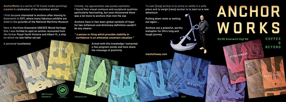 maxinthebox's tweet image. Sharing pix of the leaflet I’ve cobbled together to support my ‘AnchorWorks’ paintings in Greenwich ⚓️

And giving a HUGE shout out to #KeepItLocal @SBSPrinting who continue to provide quality production 🤗