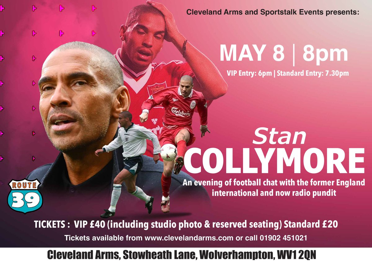 Cleveland_Arms's tweet photo. NEW SHOW | MAY 8
We are excited to announce @StanCollymore will be live on stage talking about his career and time in the game.

Tickets for this one of event are on sale now.

Details 👇👇👇 https://t.co/fCsVdcVLAv