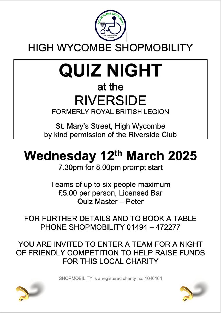 Join us for a quiz night supporting Shopmobility High Wycombe, helping those with mobility challenges. Enjoy fun categories like history and pop culture. Gather your friends, form a team, and make a difference. #quiznight #goodcause #shopmobilityhighwycombe