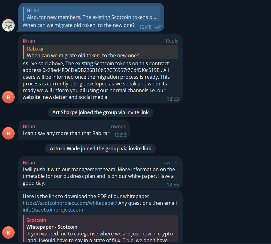 SwintRon's tweet photo. @ScotcoinProject I was thrown out of your Telegram for asking this question.

Can your team answer the following:

*Why you are taking so long on a migration smart contract (which takes hours)
*Why would you kick someone with a valid question.

Cheers https://t.co/eR3SvN9Mc8