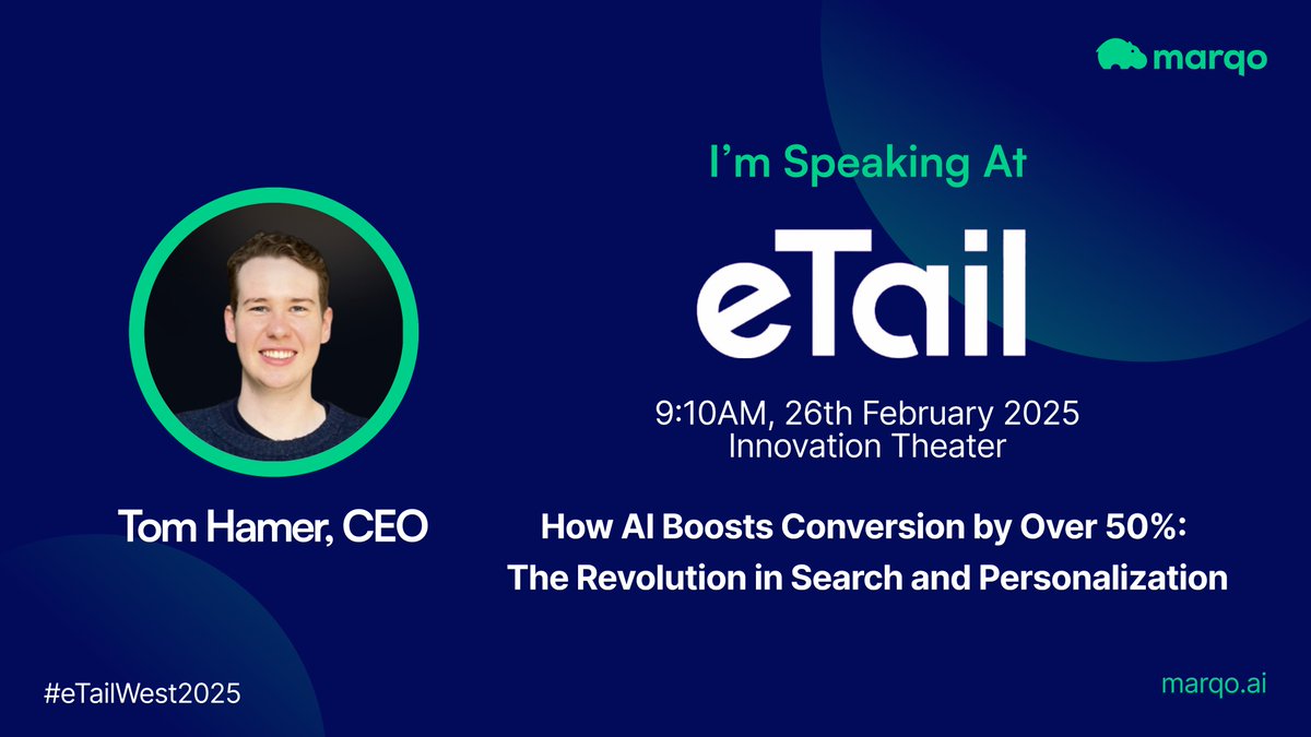 🚀 Catch our CEO &amp; Co-Founder, Tom Hamer, presenting at #eTailWest today at 9:10AM (PT)!

He’s diving into how AI can boost conversions by 50%+

We’re also at booth #318. Swing by and chat with our search experts.

🔗 Book a demo: marqo.ai/book-demo?utm_…
ℹ️ More info: