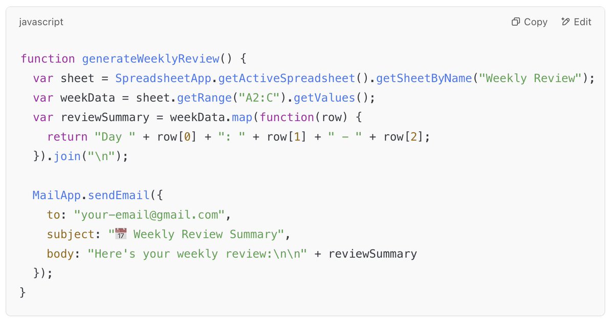 shauvikkumar's tweet image. 📚 Want to reflect on your week? This script automatically generates a weekly review summarizing your work, habits, and accomplishments from your Google Sheets.
#GoogleSheets #AppsScript #WeeklyReview #Reflection
📌 Automatically email your weekly recap of achievements and…