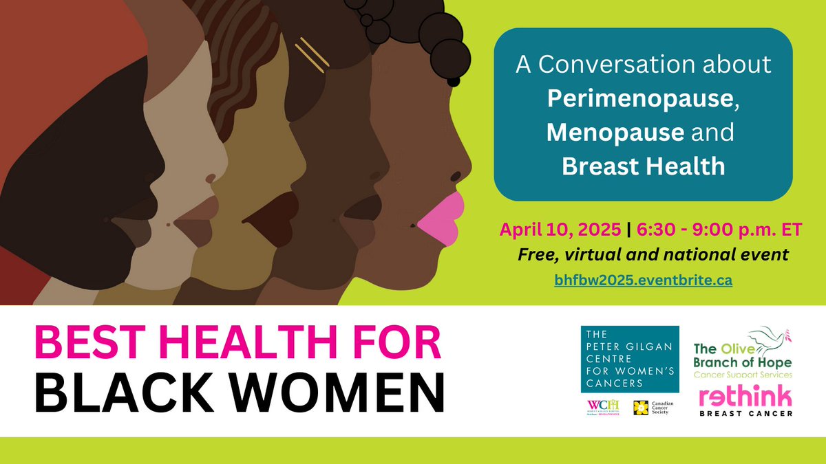 #BestHealthForBlackWomen is back on April 10! Hosted by the Peter Gilgan Centre for Women’s Cancers at WCH, this virtual event aims to empower Black women with information on #perimenopause, #menopause and #BreastHealth.

🎟️ Register for free here: BHFBW2025.eventbrite.ca