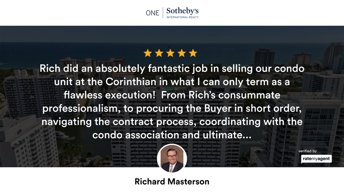 richmastersonFL's tweet image. My latest RateMyAgent review in Fort Lauderdale.
BROKER 496541
rma.reviews/rbfpr6pj2nex

...
#ratemyagent #realestate #ONE_SOTHEBYS_INTL_REALTY