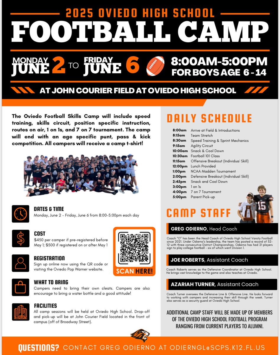 🚨Oviedo Football Youth Camp. Space is limited, signup today. 🚨