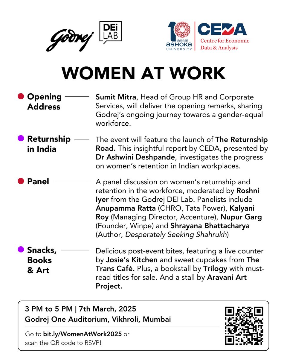 Ashwini_Deshpande (@_adeshpande) on Twitter photo 📢Friends in Mumbai! Exciting collab between <a href="/CedaAshoka/">Centre for Economic Data & Analysis (CEDA)</a> and #GodrejDEI on getting women back to work after a career break🎇🎆 Come over on March 7, 3-5 pm, for fun convos & delish snacks. Registration link in poster below. <a href="/akshichawla/">Akshi</a> <a href="/Indulekha_A/">Indulekha Aravind</a> <a href="/supriyan/">Rosie Roti</a> #womenatwork 📢Friends in Mumbai! Exciting collab between <a href="/CedaAshoka/">Centre for Economic Data & Analysis (CEDA)</a> and #GodrejDEI on getting women back to work after a career break🎇🎆 Come over on March 7, 3-5 pm, for fun convos & delish snacks. Registration link in poster below. <a href="/akshichawla/">Akshi</a> <a href="/Indulekha_A/">Indulekha Aravind</a> <a href="/supriyan/">Rosie Roti</a> #womenatwork