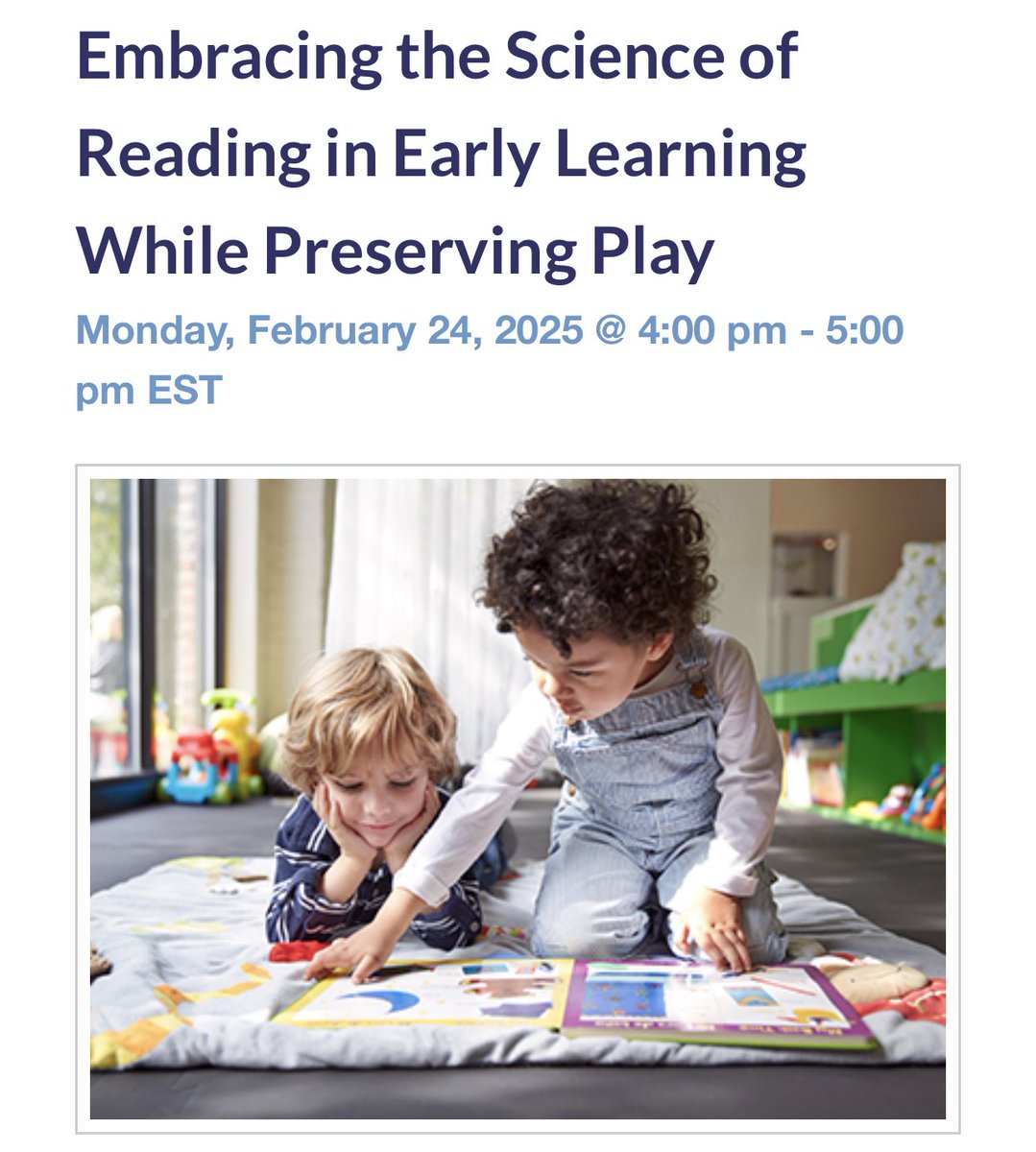 This webinar hits on so many valuable principles, strategies &amp; approaches that are crucial for early childhood spaces.

Can’t wait to hear your thoughts!

<a href="/AgeofLearning/">Age of Learning</a> 
<a href="/reading_league/">The Reading League</a> 
<a href="/edwebnet/">edWeb.net</a> 

#EarlyLiteracy
#ScienceOfReading 
#PlayBasedLearning 

home.edweb.net/webinar/earlyc…