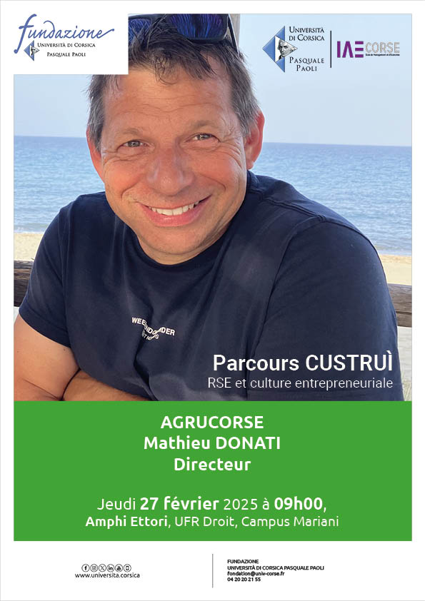 [Parcours Custruì]

🗣 Dans le cadre du parcours Custruì, la Fondation <a href="/UnivCorse/">Università di Corsica</a>  organise un cycle de conférences dédié à la Responsabilité Sociétale des Entreprises en partenariat avec l'<a href="/IAE_Corse/">IΛΞ CORSE</a> 

👉RDV le 27 février, <a href="/Agrucorse/">Agrucorse</a> avec l'intervention de Mathieu Donati