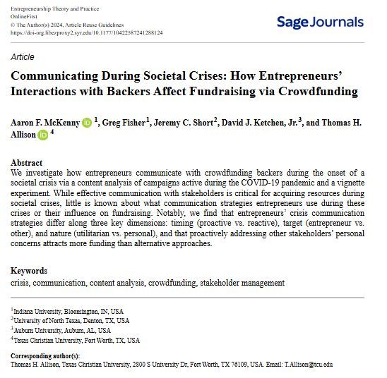 ETPjournal's tweet image. Effective crisis communication boosts crowdfunding success. Research finds:
-Proactive messaging raises more funds than reactive approaches
-Stakeholder-focused appeals outperform entrepreneur-focused ones
-Emotional appeals work better than rational ones
doi.org/10.1177/104225…