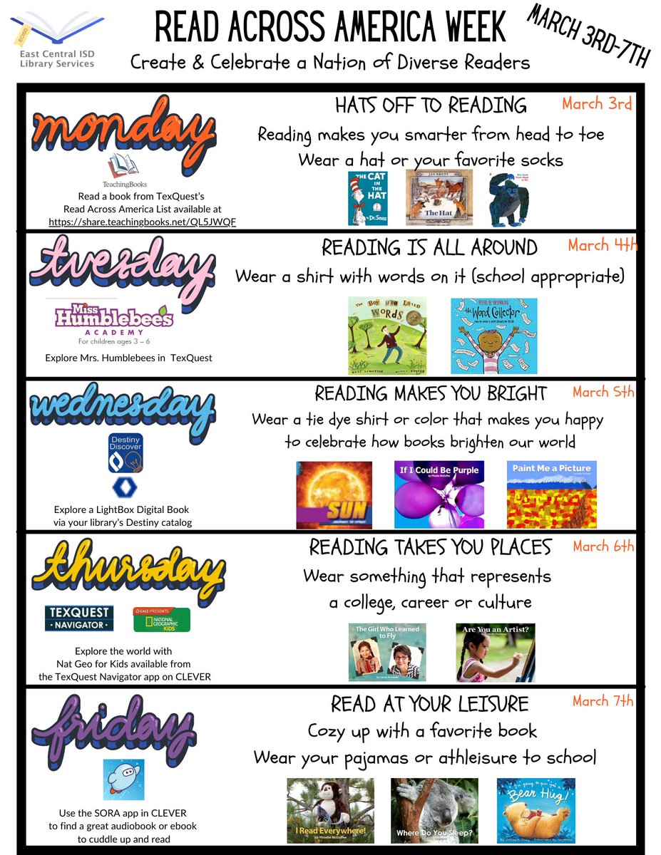 Read Across America Week is March 3 -7th! 📚✨ ECISD Library Services is celebrating the joy of reading. Whether it's a favorite book or a new book, reading opens doors to endless adventures! We hope you will join us in celebrating reading. <a href="/ECISDtweets/">East Central ISD</a>