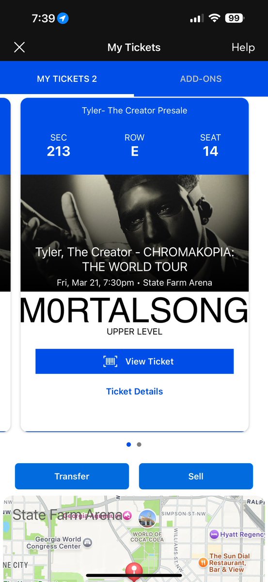 m0rtalsong's tweet photo. hey yall! i know i haven’t posted on here in a while but i am selling two tickets for tyler the creator chromakopia tour on march 21st in ATL! they are seats but the view is really good:). i’m looking for 200 for each! https://t.co/PC5ULHdKYP