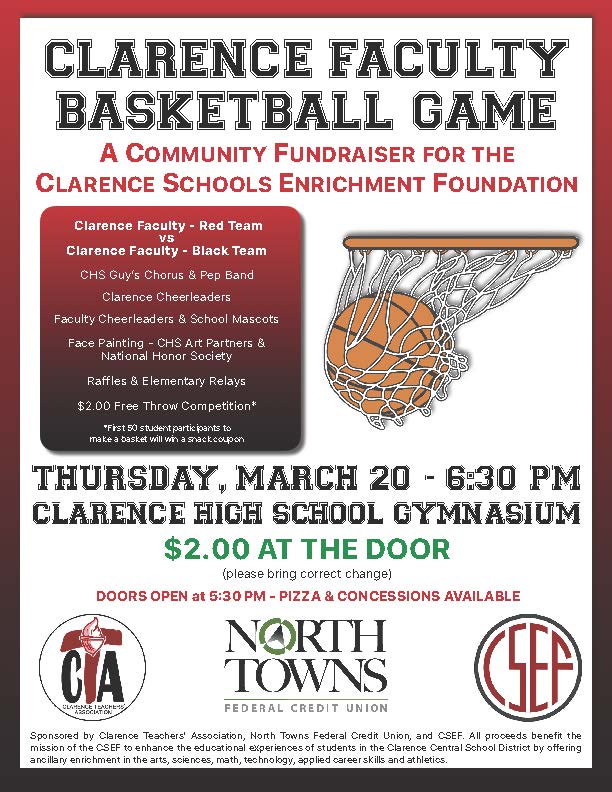 Clarence Schools Enrichment Foundation — CSEF Inc. (@clarencecsef) on Twitter photo COMING SOON: The Clarence Faculty Basketball Game to support <a href="/ClarenceCSEF/">Clarence Schools Enrichment Foundation — CSEF Inc.</a> is set for March 20! Learn more at clarenceschoolfund.org
#ClarenceProud <a href="/CHS_Devils/">CHS Red Devils</a> <a href="/ClarenceMiddle/">ClarenceMiddleSchool</a>
<a href="/ClarCtrElem/">Clarence Center Elementary School</a> <a href="/HarrisHillES/">Harris Hill Elementary School Heroes</a> <a href="/goledgeview/">Ledgeview Elementary</a>
<a href="/SheridanHillSh1/">SheridanHillSharks</a> <a href="/ClarAthletics/">Clarence PE, Health & Athletics</a> <a href="/ClarenceMusicD1/">Clarence Music Department</a> COMING SOON: The Clarence Faculty Basketball Game to support <a href="/ClarenceCSEF/">Clarence Schools Enrichment Foundation — CSEF Inc.</a> is set for March 20! Learn more at clarenceschoolfund.org
#ClarenceProud <a href="/CHS_Devils/">CHS Red Devils</a> <a href="/ClarenceMiddle/">ClarenceMiddleSchool</a>
<a href="/ClarCtrElem/">Clarence Center Elementary School</a> <a href="/HarrisHillES/">Harris Hill Elementary School Heroes</a> <a href="/goledgeview/">Ledgeview Elementary</a>
<a href="/SheridanHillSh1/">SheridanHillSharks</a> <a href="/ClarAthletics/">Clarence PE, Health & Athletics</a> <a href="/ClarenceMusicD1/">Clarence Music Department</a>
