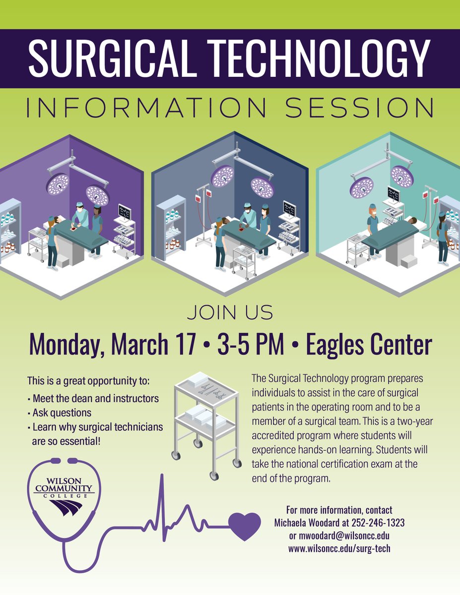 Wilson Comm College (@wccwilsonnc) on Twitter photo Join us March 17 from 3-5 PM in the Eagles Center for a Surgical Technology info session. This is the perfect opportunity to ask questions and meet the dean and instructors. For more info, contact Michaela Woodard at 252-246-1323 or mwoodard@wilsoncc.edu. Join us March 17 from 3-5 PM in the Eagles Center for a Surgical Technology info session. This is the perfect opportunity to ask questions and meet the dean and instructors. For more info, contact Michaela Woodard at 252-246-1323 or mwoodard@wilsoncc.edu.