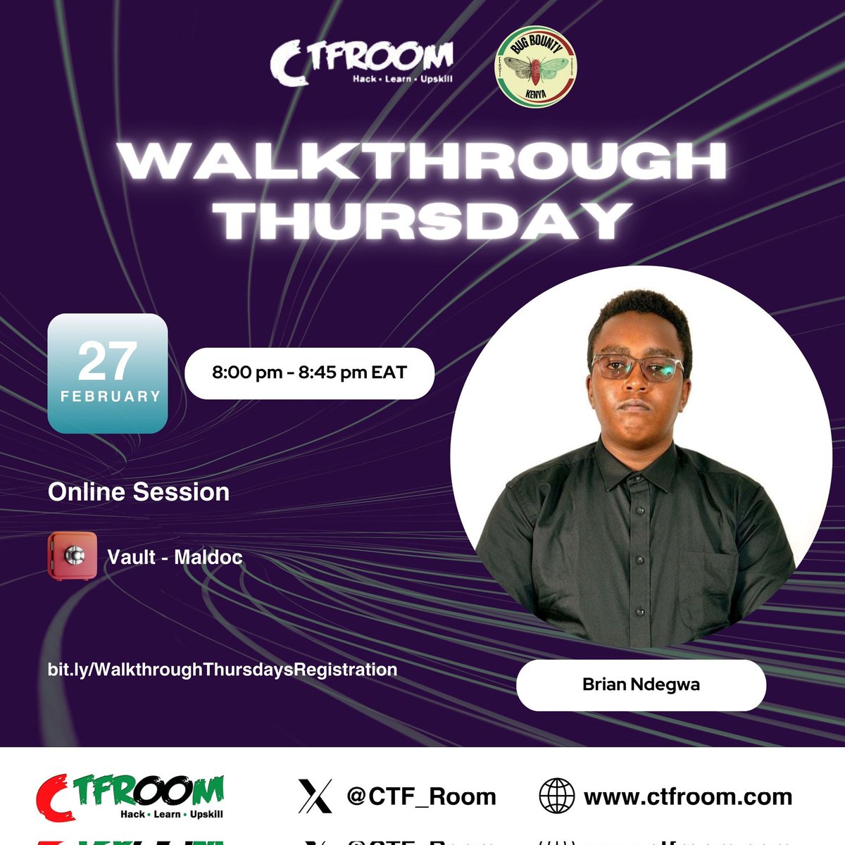 We resume our Walkthrough Thursday sessions with <a href="/ke_bug_bounty/">BugBountyKE</a> tomorrow on Feb 27th at 8PM EAT <a href="/ndegwa_official/">JAVA JUICE</a> will be taking us through the Maldoc Vault 

Link to event: bit.ly/WalkthroughThu…

Link to calendar: ctfroom.com/event/walkthro…

See you all tomorrow!