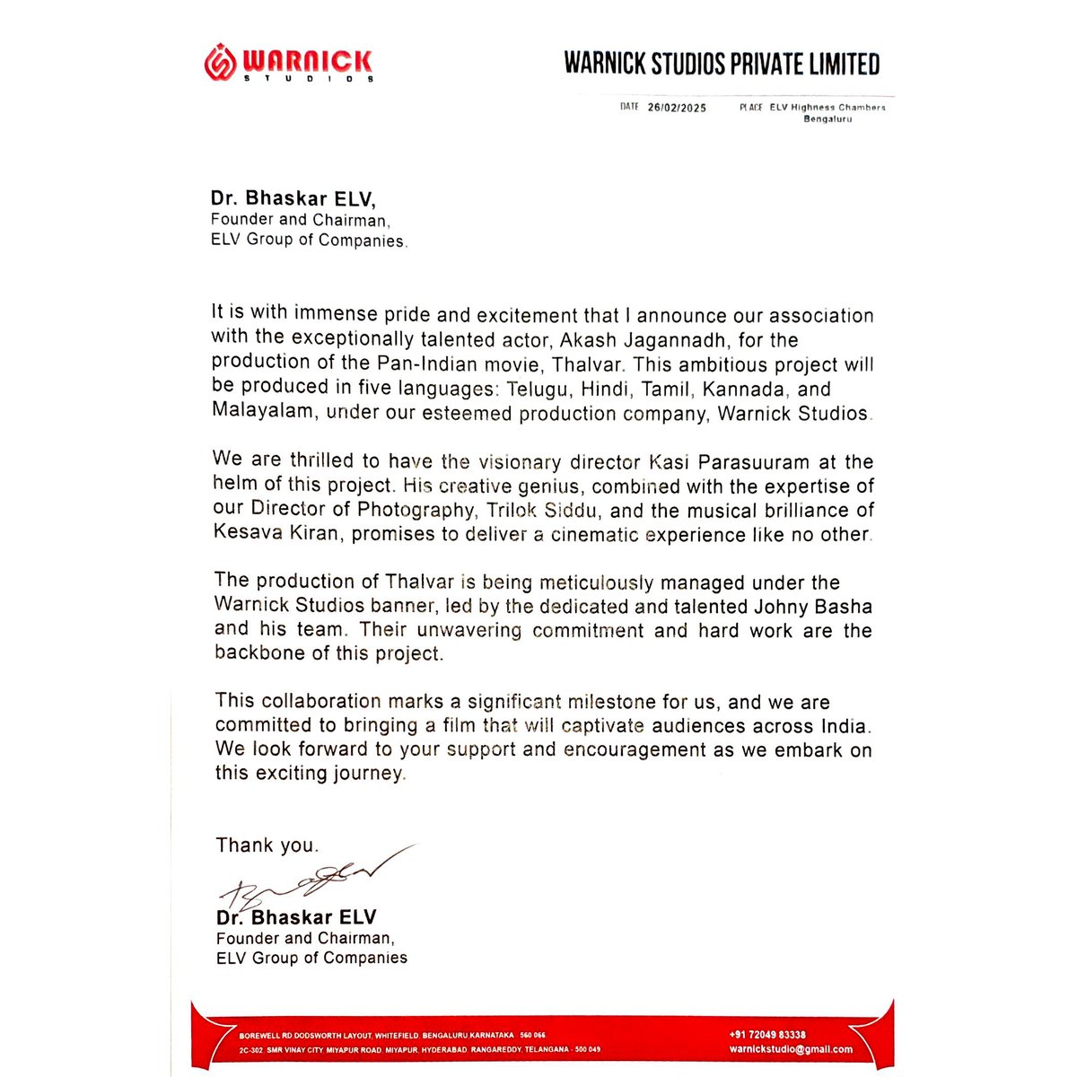 WARNICK PRODUCTION (@warnickstudios) on Twitter photo Embarking on a Pan-Indian Cinematic Journey with Akash Jagannadh and the Visionary Team of Thalvar - A Dream Realized by Dr. Bhaskar ELV and Warnick Studios. <a href="/AkashJagannadh/">Akash Jagannadh</a> <a href="/ElvBhaskar/">bhaskar elv</a> Embarking on a Pan-Indian Cinematic Journey with Akash Jagannadh and the Visionary Team of Thalvar - A Dream Realized by Dr. Bhaskar ELV and Warnick Studios. <a href="/AkashJagannadh/">Akash Jagannadh</a> <a href="/ElvBhaskar/">bhaskar elv</a>