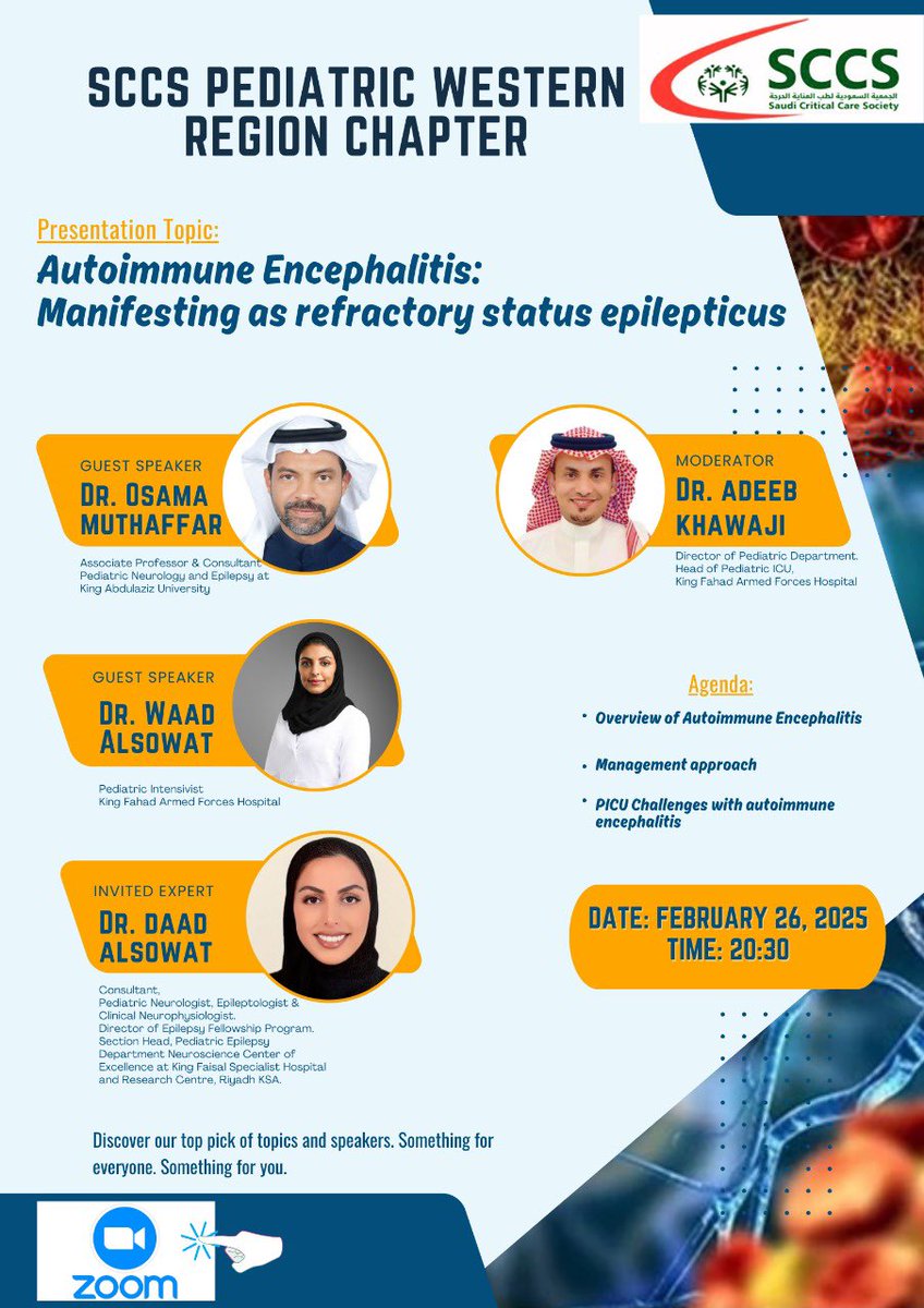 The Saudi Critical Care Society (@saudiccsociety) on Twitter photo Topic: Autoimmune Encephalitis: Manifesting as Refractory Status Epilepticus
Time: Feb 26, 2025 08:30 PM Riyadh
Join Zoom Meeting
us02web.zoom.us/j/83066862549?…
Meeting ID: 830 6686 2549
Passcode: 952503
<a href="/AdeebKhawaji/">أديب بن طاهر خواجي Adeeb Khawaji</a> Topic: Autoimmune Encephalitis: Manifesting as Refractory Status Epilepticus
Time: Feb 26, 2025 08:30 PM Riyadh
Join Zoom Meeting
us02web.zoom.us/j/83066862549?…
Meeting ID: 830 6686 2549
Passcode: 952503
<a href="/AdeebKhawaji/">أديب بن طاهر خواجي Adeeb Khawaji</a>