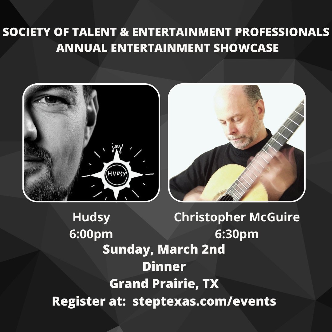 STEPROCKS's tweet image. STEP Entertainment Showcase – This Sunday!
Don't miss these powerhouse performances at the 2025 STEP Conference &amp;amp; Showcase:
6:00 PM | @hudsymusic  hudsymusic.com
6:30 PM | Christopher McGuire christophermcguire.com
🎟️ Register now: steptexas.com/events
#STEP2025