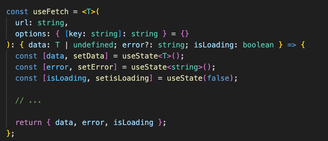 reactpractice's tweet image. How do you type a custom hooks that accepts a generic data type?
When using an arrow function, you can add `&lt;T&gt;` at the beginning of the function: