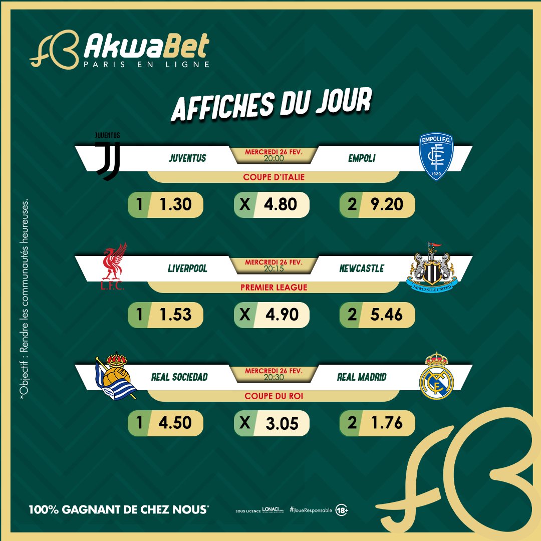 akwabetci's tweet photo. ⚽ Au programme aujourd'hui ! 

👉🏾 Rendez-vous sur notre site pour faire tes jeux et t’enjailler…  🥳

🔞 Jouons responsable

#Akwabet #100pour100Gagnant #JoueResponsable #ParieEtGagne #RoiDuPari https://t.co/day0NRfST5