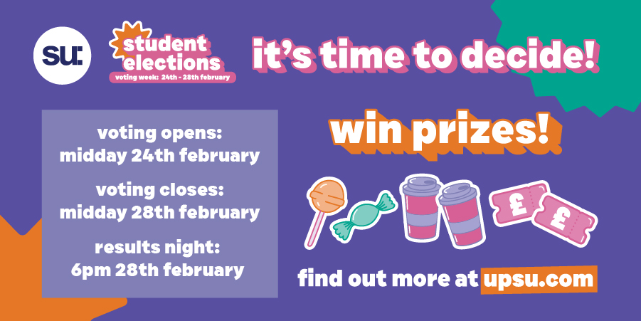 Did you know you can #WIN #PRIZES just by voting in the #StudentElections?!

You are automatically entered into huge prize draws when you cast your vote, including £100 vouchers! 🙌🏽

Head to upsu.com/elections to view applicants and vote now!