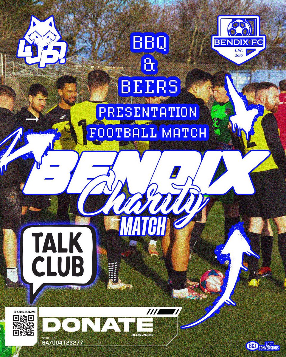Join us on 31st of May as we are hosting a charity football match in aid of ‘ talk Club ‘ a men’s mental health charity .

This match will be  a 90 minute game with 11v11. Both teams will be made up of current players and current sponsors of our club.