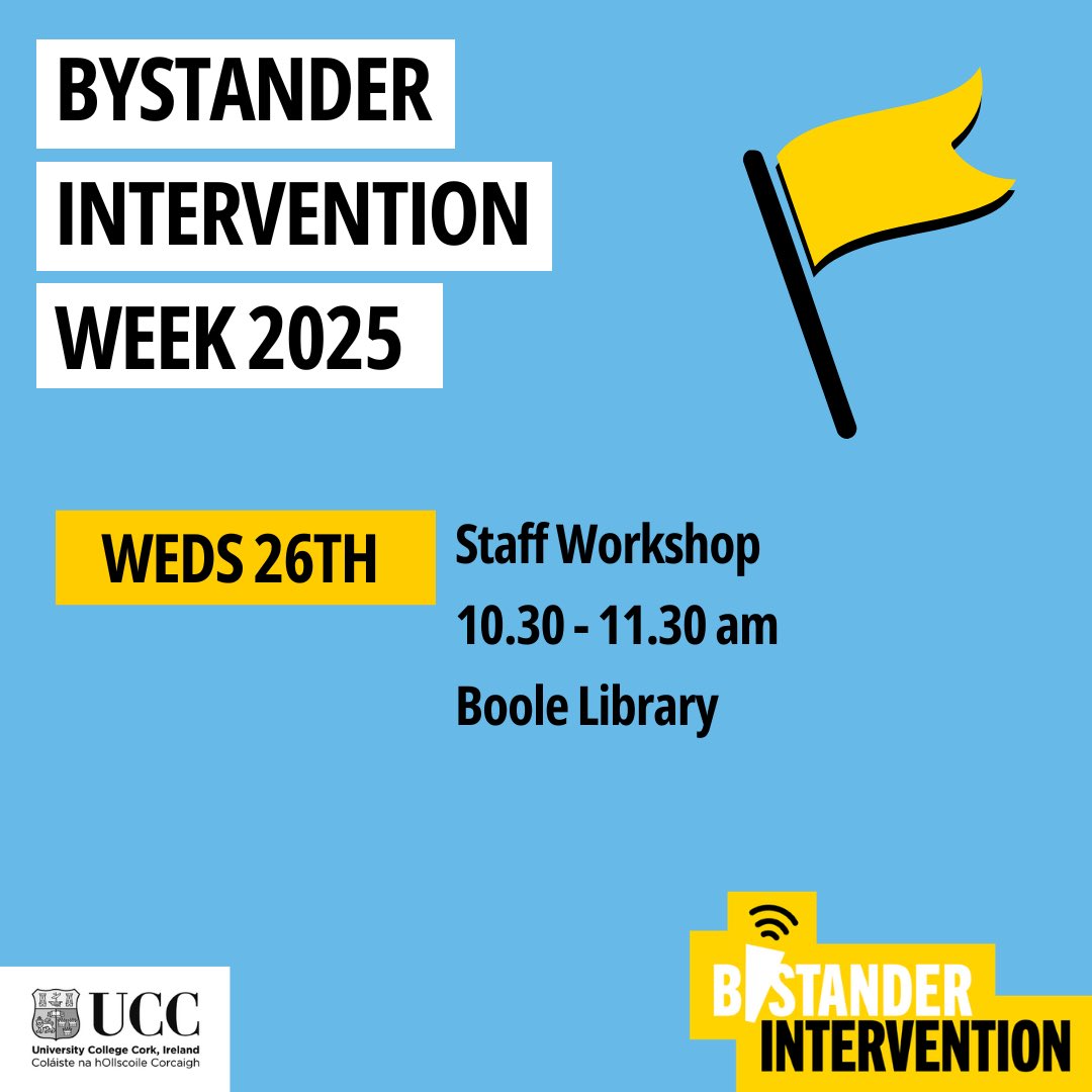 BystanderUcc's tweet photo. Day 3 of Bystander Intervention Week.
Starting w/a staff workshop from 10:30-11:30 at the Boole. 
We’ll be joined by our amazing community partners at our info stand from 12-2  at the canopy outside the Hub. Free ice cream if you sign up for a training  on the day!!!
#bystander https://t.co/agBWB6HqA2