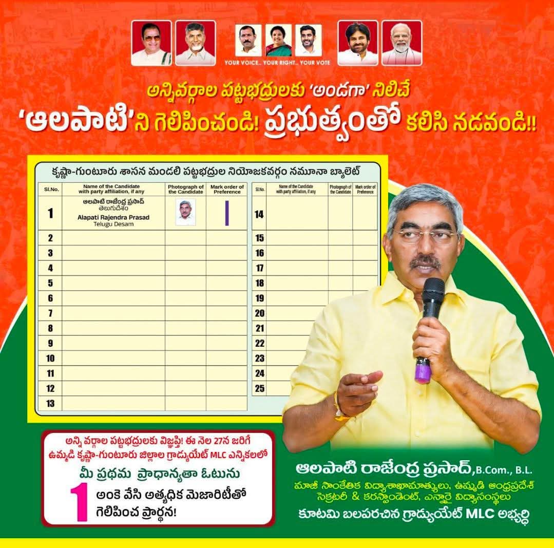 ParuchuriNC's tweet photo. Its our Duty to Vote 

Pls Vote for ఆలపాటి రాజా Garu 🙏

పార్టీ కోసం అయన తెనాలి సీట్ Sacrifice చేసారు 🙏 రాజా Gari కోసం మనం నిలపడాల్ల్సిన సమయం వచ్చింది 💛✌️

#voteforTDP 
#VoteForNDA https://t.co/nOVO7xLxLS