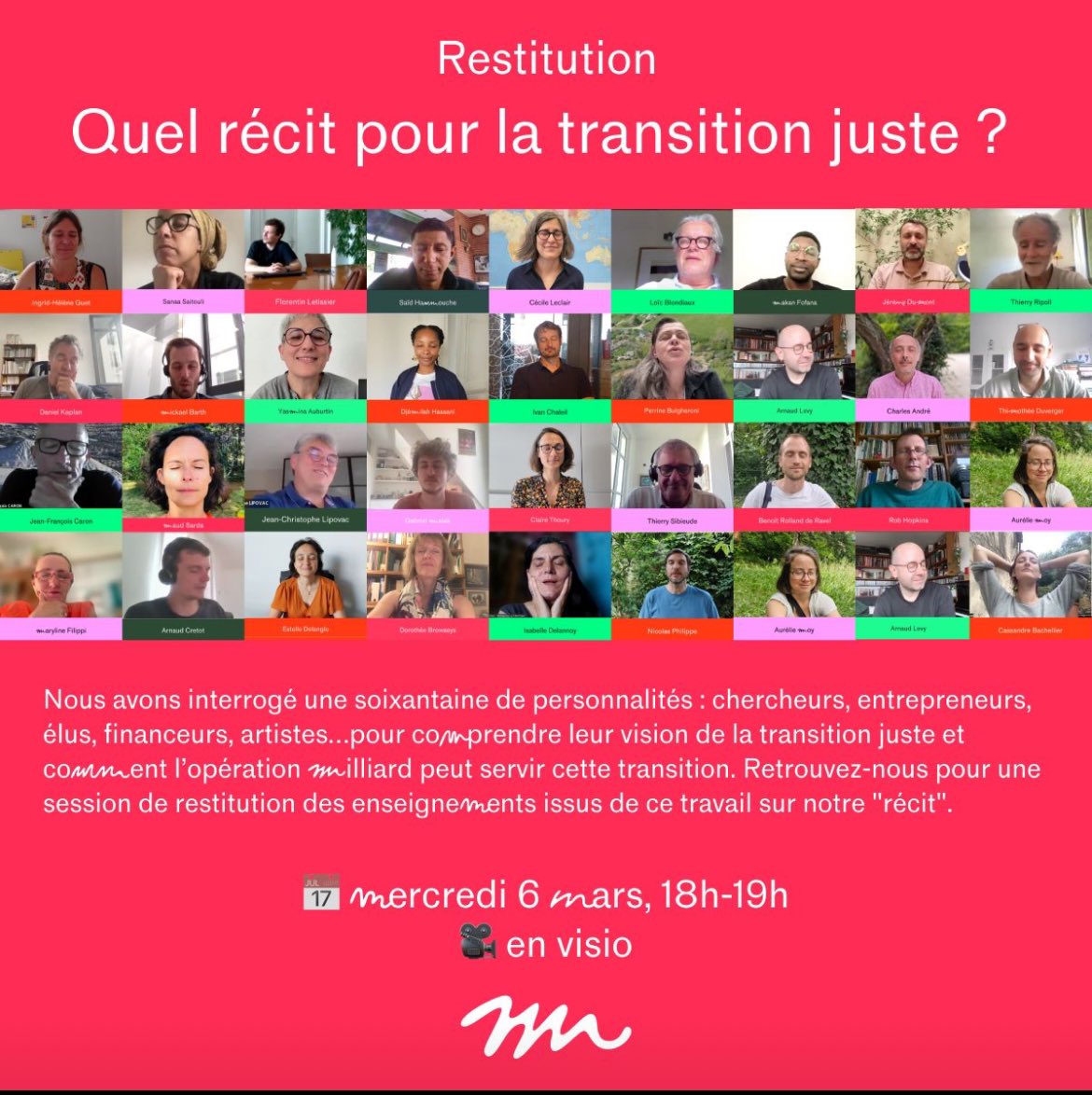 J’ai été consulté sur les imaginaires désirables de l’écologie. C est ce nous portons avec la fresque des imaginaires. 

📅 Rendez-vous en visio le mercredi 6 mars à 18h, pour la restitution de nos travaux et cheminement ! 👉 Inscrivez-vous ici : lnkd.in/gur4xZYp