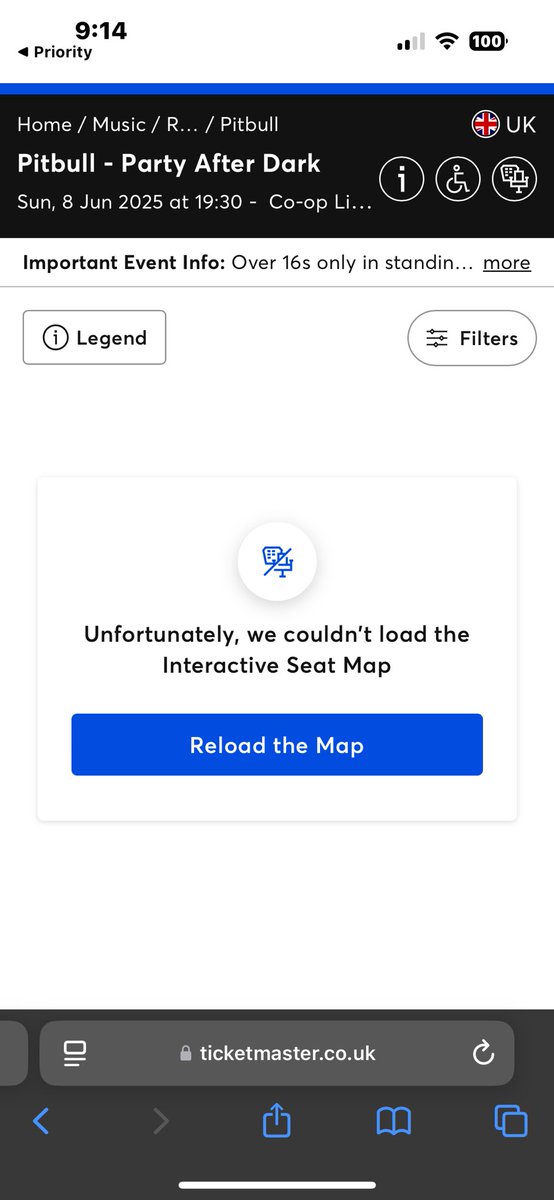 transpunkman's tweet photo. @Ticketmaster, you bag of absolute w*nk - I don’t want an interactive map, I just want Pitbull tickets. Now have to requeue to see if I can get it to work https://t.co/jU4vG6EbT2