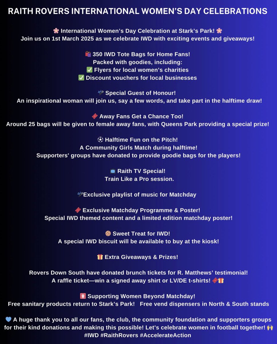 Been a busy few months planning with <a href="/RR_FansDirector/">Dot Wilson</a> <a href="/RoversDownSouth/">RaithRoversDownSouth</a> to plan and celebrate #InternationalWomensDay 2025 <a href="/RaithRovers/">Raith Rovers Football Club</a> 👇 is a what to expect this Saturday and beyond! Thanks to all the supporters groups for your kind contributions and donations. Proud of us!