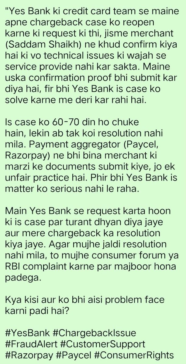 raj_liyaka45709's tweet photo. 70 din ho gaye, @YesBank ab tak koi solution nahi! Kab tak wait karna padega?
Sab proofs diye fir bhi delay Kya ek customer ka paisa wapas milna itna mushkil hai? #yesbank #Chargebackissue #Customersupport #Razorpay #Paycel #ConsumerRights https://t.co/hg5vDIWj8T