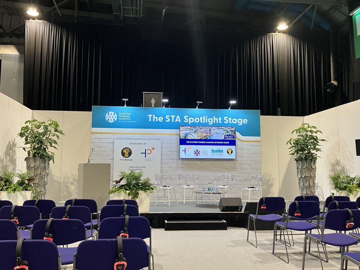 st_alliance's tweet photo. #ScotHot25 gets underway today at @SECGlasgow! The STA Spotlight Stage is all spruced up, thanks to the wonderful team at @BenholmGroup, & set for an exciting day of interviews, panels & debates on the key challenges & opportunities for Scotland’s tourism & hospitality industry. https://t.co/NUoLD5dqUL