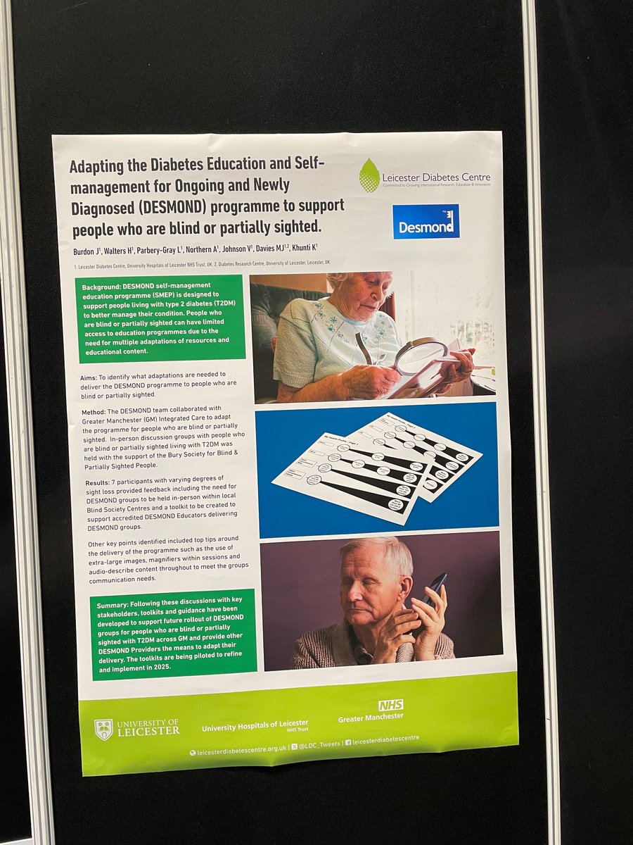 Poster P200 showcases the fantastic work of <a href="/juliaburdon/">Julia B</a> &amp; team in adapting #Desmond for people who are blind or partially sighted. Pop along to Fridays poster session to learn more about the work undertaken.  

#diabeteseducation #inclusivecare #peersupport