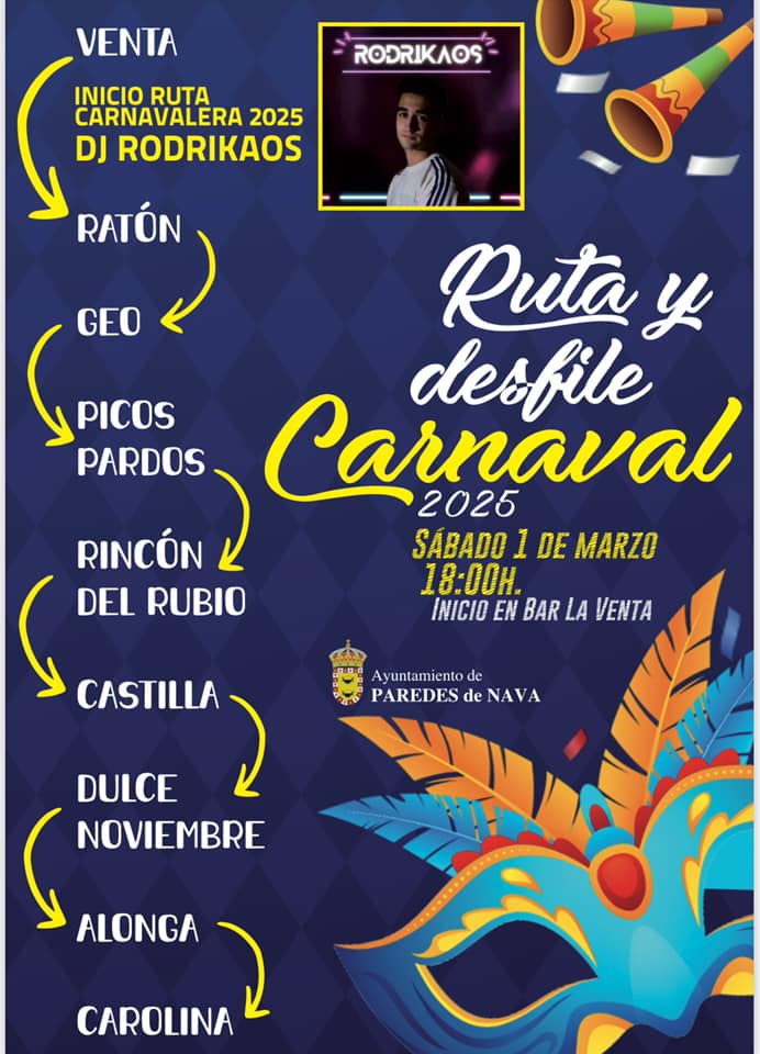 🎭 ¡Carnaval 2025 en Paredes de Nava! 🎉

📅 1 marzo: concentración (18h) y desfile (19:15h)
🍖 2 marzo: Festival Gastronómico + disfraces e hinchables (18h)
🍳 4 marzo: talleres de cocina infantil
⛪ Miércoles de Ceniza (5 marzo) : Misa (12:30h y 20h)

#CarnavalParedesDeNava