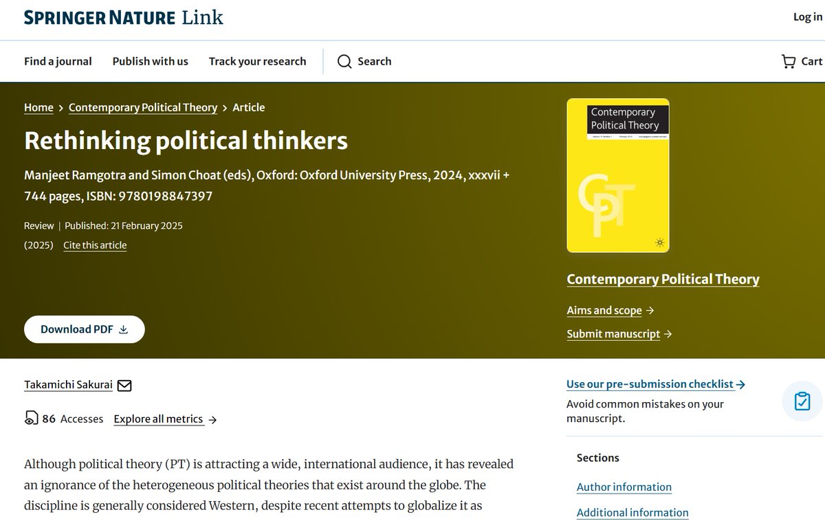 My review has been published in Contemporary Political Theory <a href="/PalgraveJournal/">Palgrave Journals</a>

link.springer.com/article/10.105…

Special thanks to Book Review Editor <a href="/PeterVerovsek/">Peter Verovšek</a> &amp; <a href="/MatthewSlaboch/">Matthew Slaboch</a>

#politicaltheory
#comparativepoliticaltheory